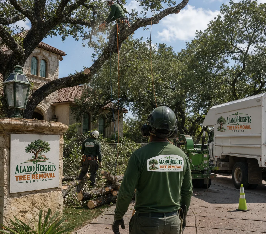 Crew performing a controlled residential tree removal with ropes, rigging, driveway protection, and a chipper staged at the curb