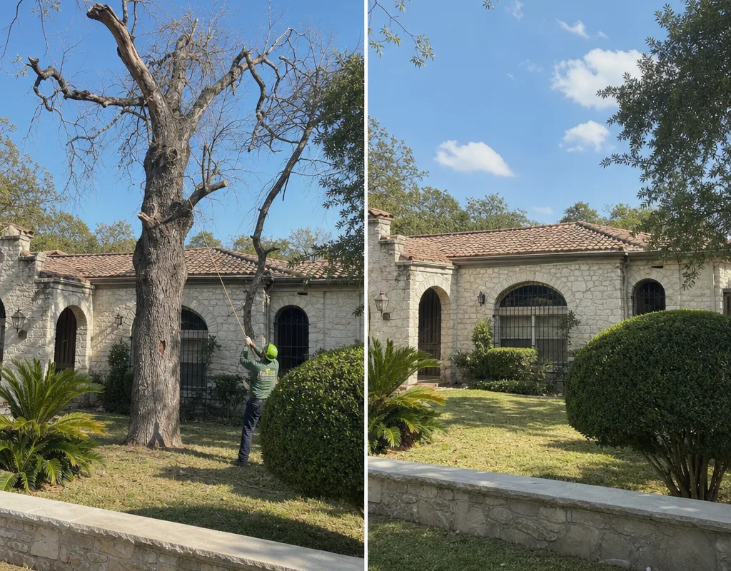 Before-and-after view of a dead tree removed from a small front yard with the lawn and nearby shrubs preserved