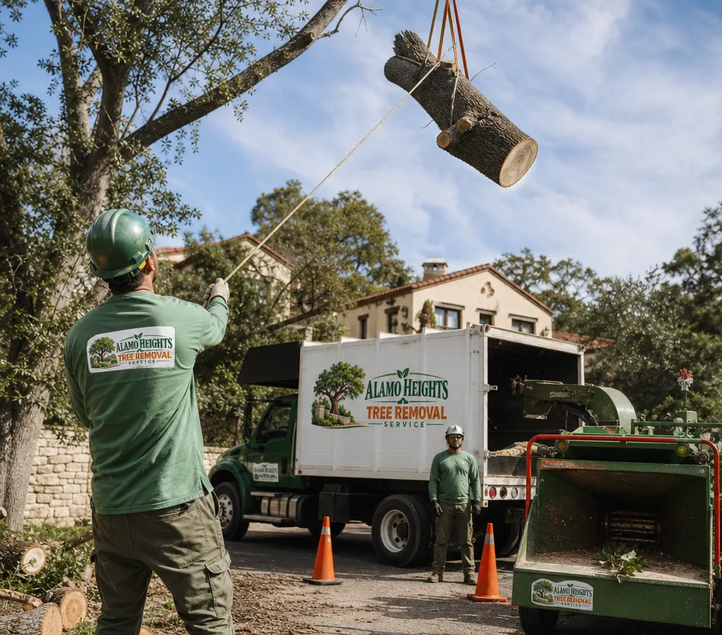 Crew performing controlled rigging to remove a large tree near a residential driveway with cones and a chipper staged for debris haul-off