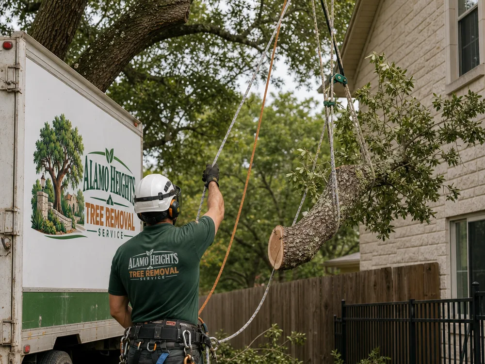 Arborist in protective equipment using ropes and pulleys to lower a cut limb safely between a house and fence