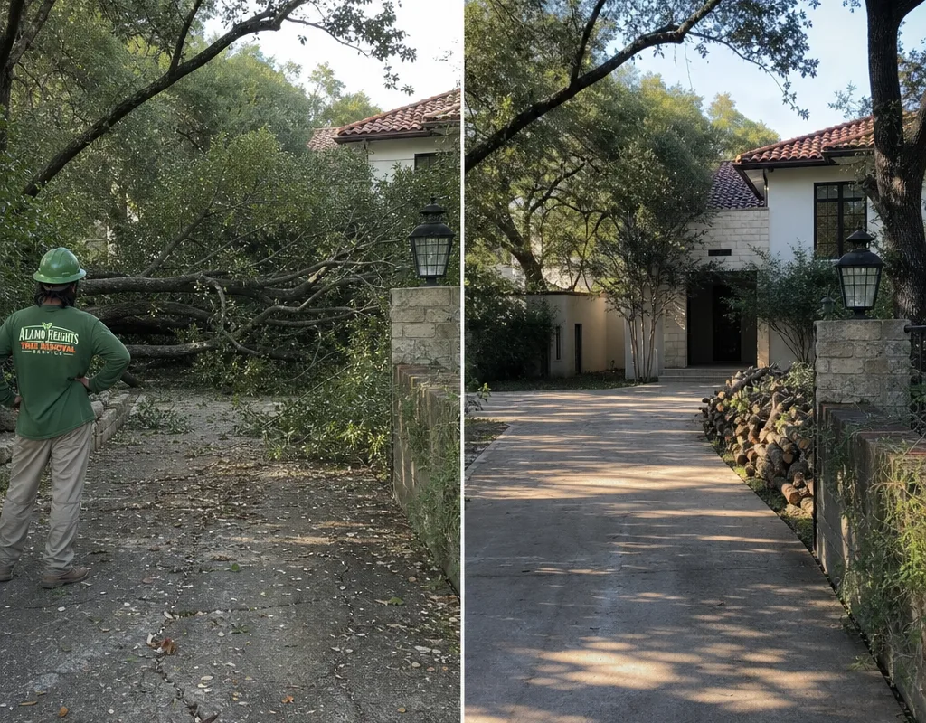 Before-and-after views of a fallen tree blocking a driveway and the cleared driveway with debris stacked for hauling