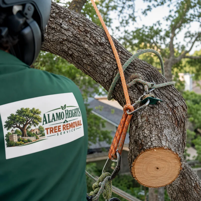 Close-up of a proper rigging setup on a storm-damaged limb with controlled rope angles and a lowering point