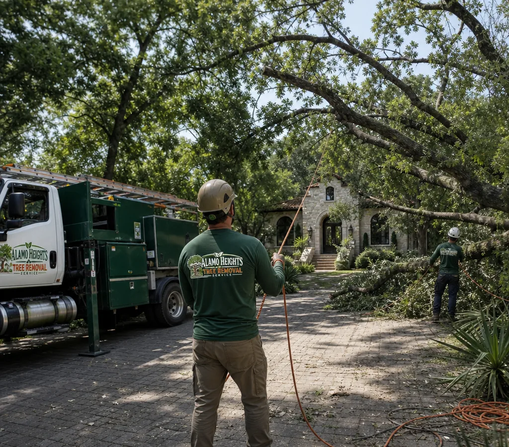 Storm-damaged tree leaning over a residential driveway in Alamo Heights as a crew stages ropes and equipment nearby