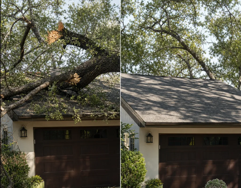 Before and after views of a broken limb removed from a garage roof with the roofline intact and debris cleared
