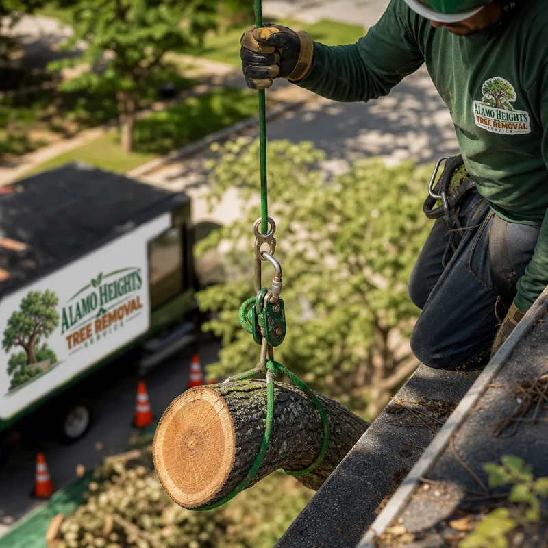 Rigging line lowering a cut storm-damaged limb away from a roof edge while a worker maintains a marked drop zone