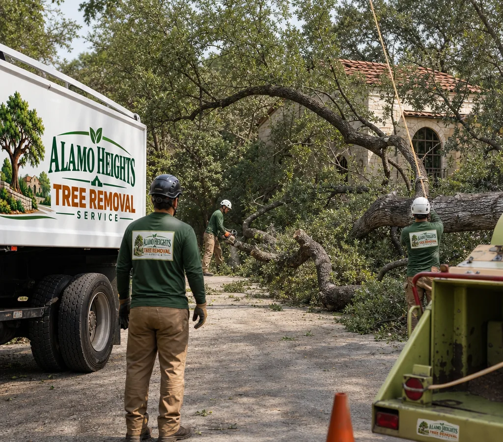Crew removing a storm-damaged tree across a residential driveway with rigging lines and a chipper staged away from the home