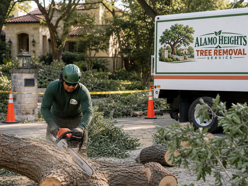 Downed tree across a driveway being cut into manageable rounds within a safety perimeter with cleanup staging nearby