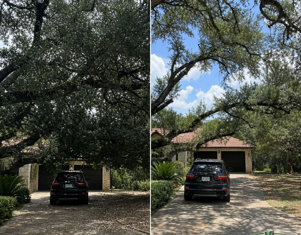 Before and after view of a driveway canopy raise showing low branches cleared while preserving the tree's natural shape