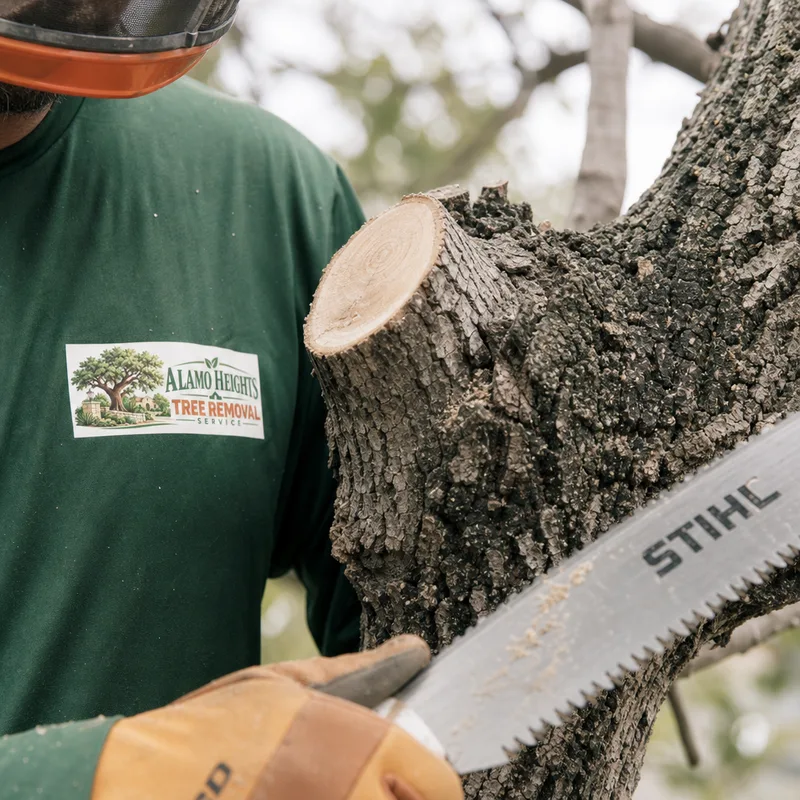 Clean pruning cut just outside the branch collar with a pruning saw and protective equipment visible