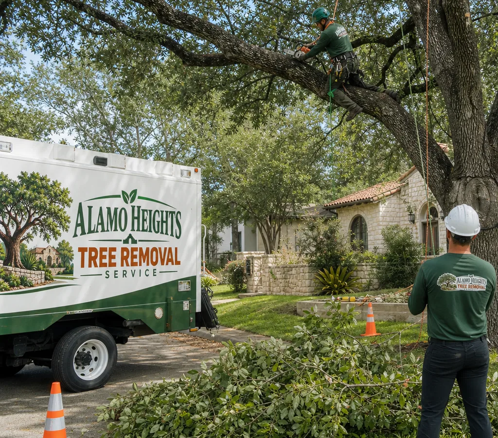 Crew in safety gear pruning a mature shade tree in a residential front yard with ropes, cones, and cut branches staged for pickup