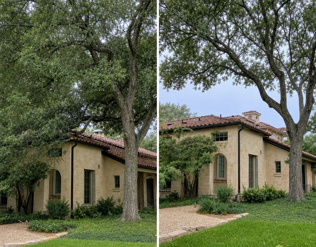 Before-and-after view showing roof clearance with a natural canopy outline