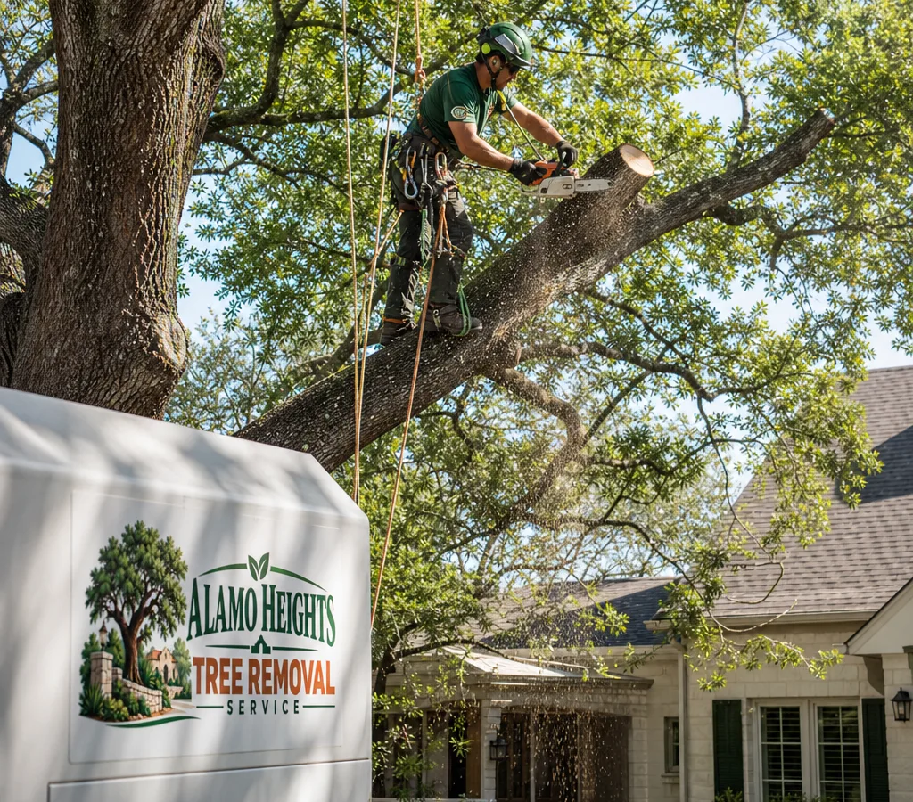 Arborist using a rope-and-saddle system to prune a mature shade tree near a residential roofline