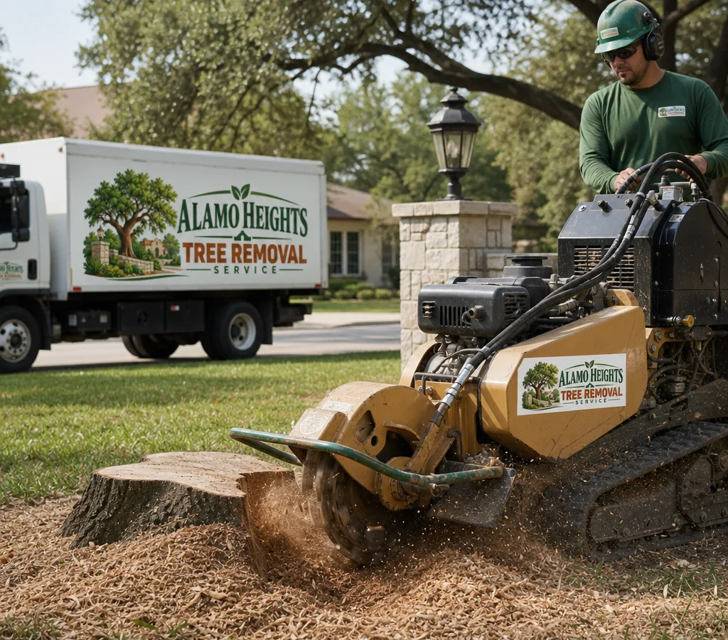 A stump grinder in use in a residential front yard, with mulch-like grindings around the stump and a clean work zone