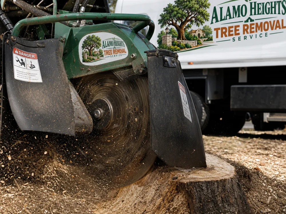 Close-up of a stump grinder cutting wheel grinding a stump with protective shields and debris control in place