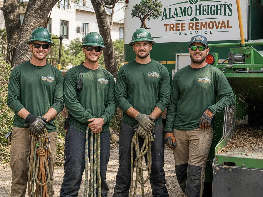 Tree removal crew in safety equipment beside a chipper and work truck at a tidy jobsite